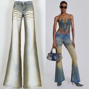 Y2K Olive Wash Flared Jeans Low Rise mid stone wash green faded distressed